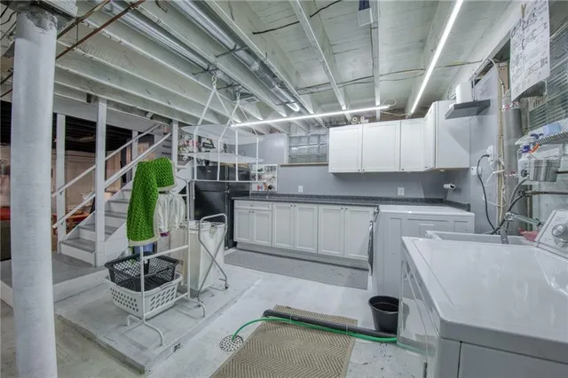 a kitchen with cabinets and chairs