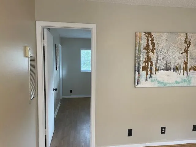 a view of a bathroom with a shower and a painting on the wall