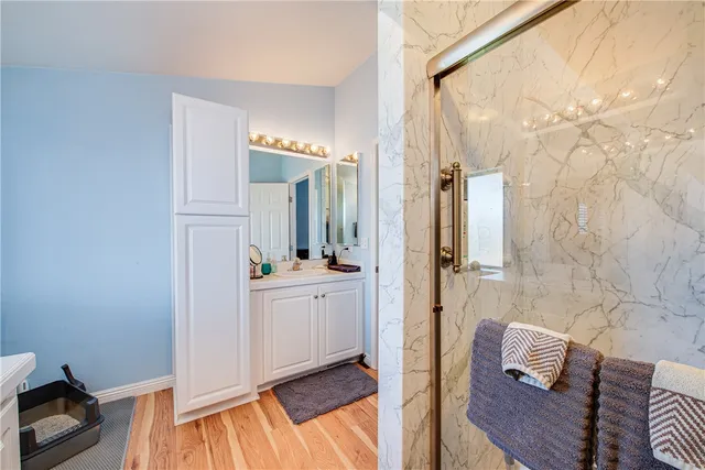 a bathroom with a sink a mirror and a shower