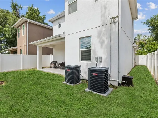 a view of a backyard with plants potted plants and a large tree