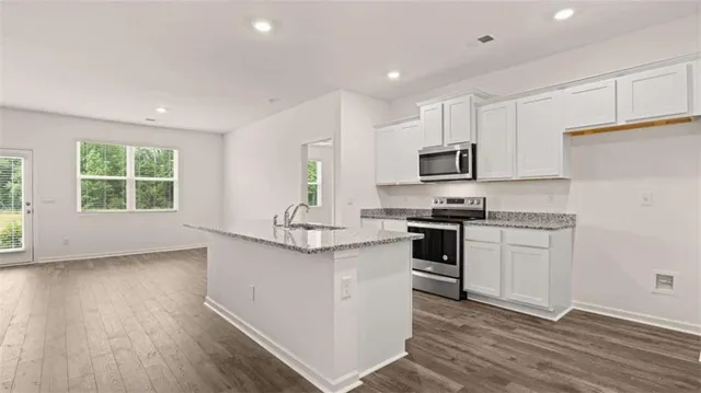 a kitchen with stainless steel appliances granite countertop a stove a sink and a microwave