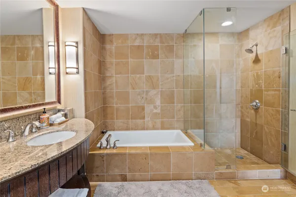 a bathroom with a granite countertop sink a shower and a mirror