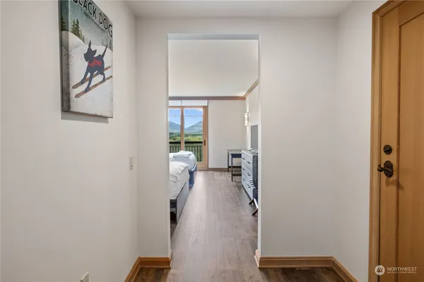a view of a hallway with workspace