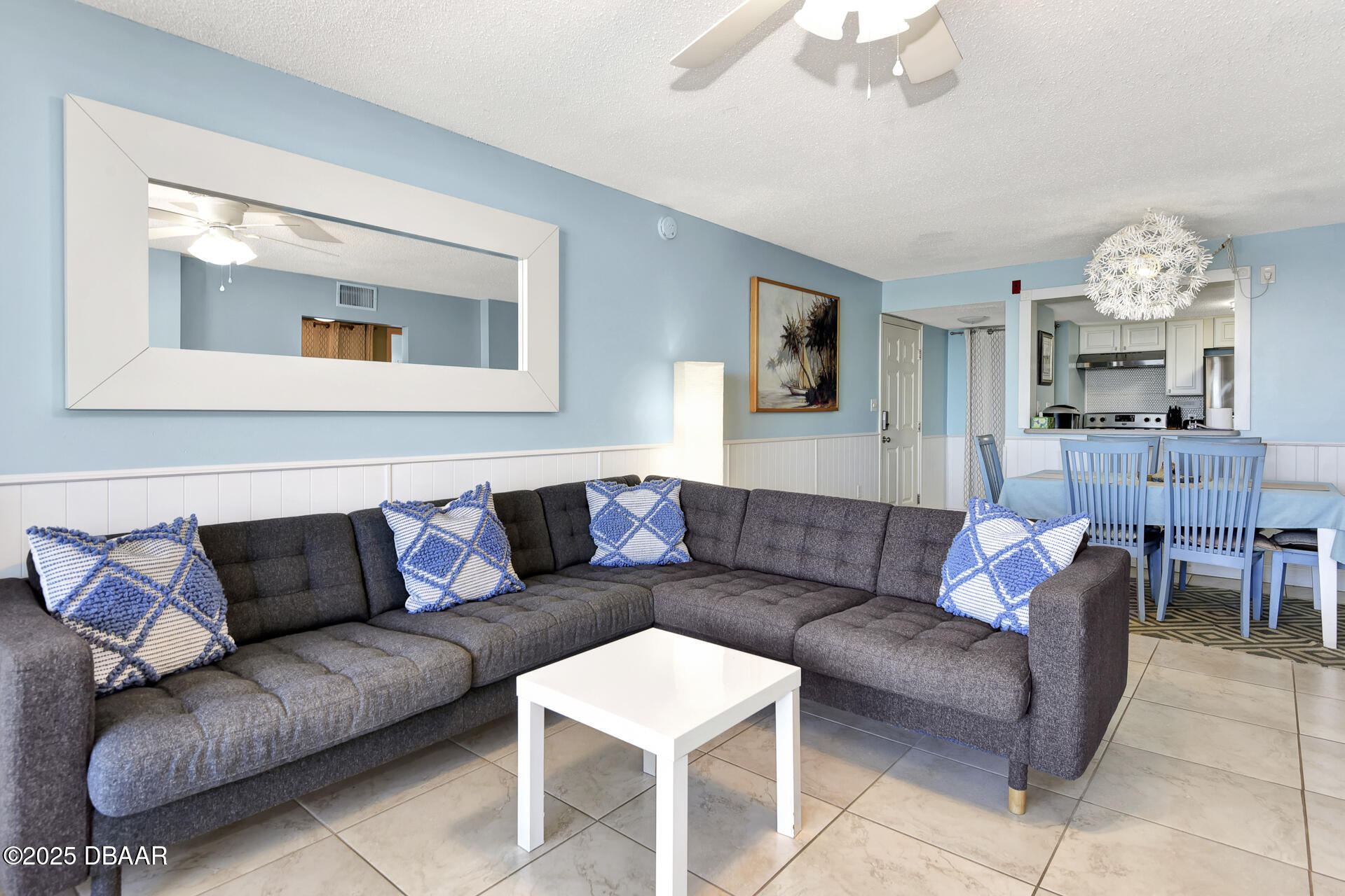 4495 South Atlantic Avenue, Unit 4040 Ponce Inlet, FL 32127 - Photo 11 of 45 a living room with furniture and a large mirror