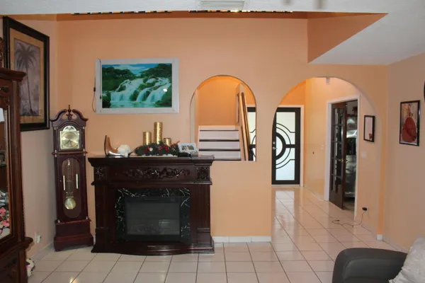 a view of living room with furniture and a fireplace