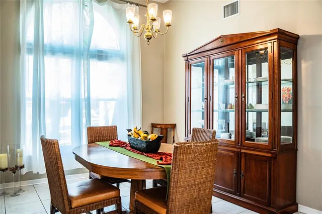 a dining room with furniture and window