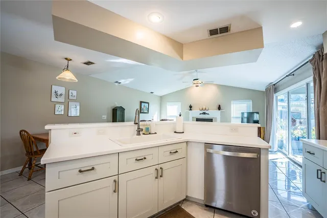 a view of cabinets a sink wooden floor and a potted plant