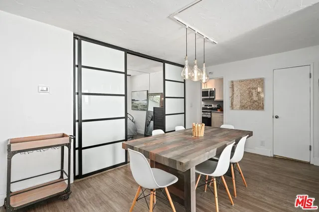 a view of a dining room with furniture