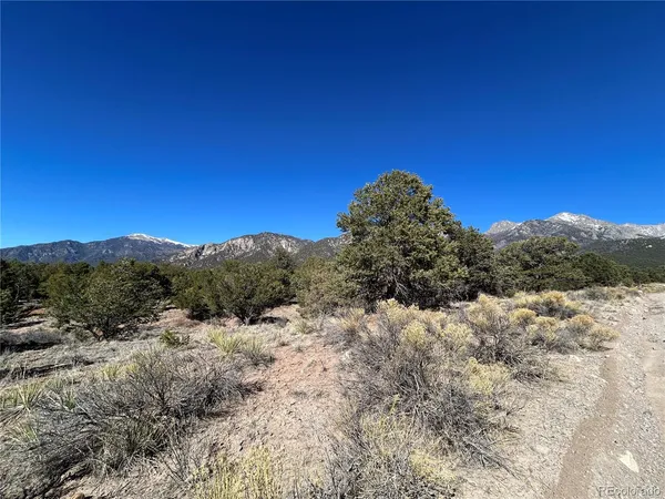 a view of a dry yard with mountains in the background