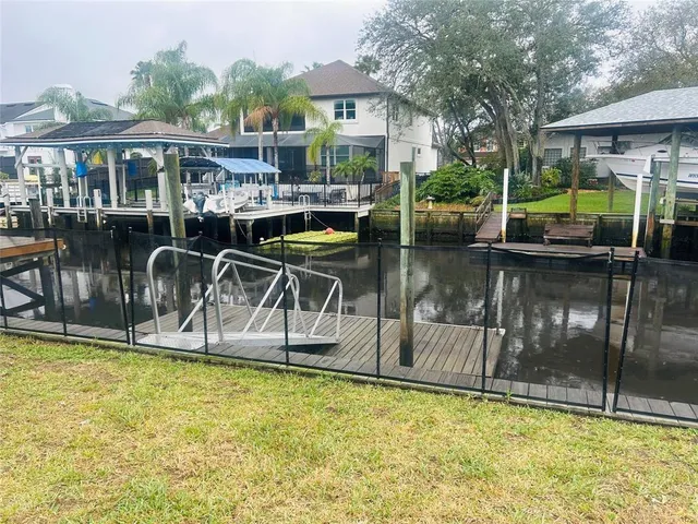 a view of a lake with a patio