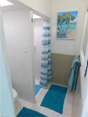 a bathroom with a shower and toilet