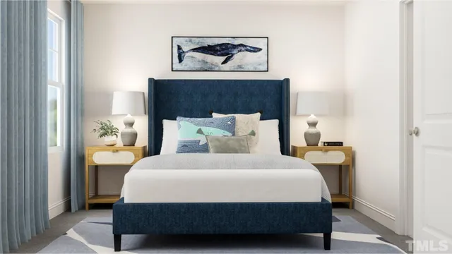 a bedroom with a bed and glass wall painting