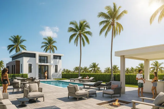 a front view of multiple house with outdoor seating