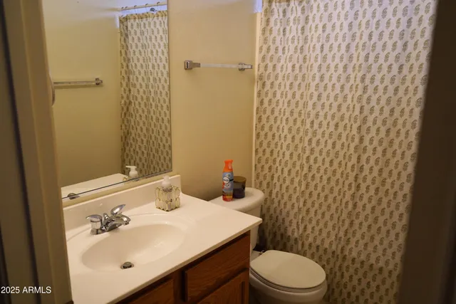 a bathroom with a sink a toilet and shower curtain