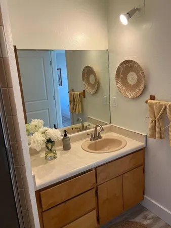 a bathroom with a sink and a mirror