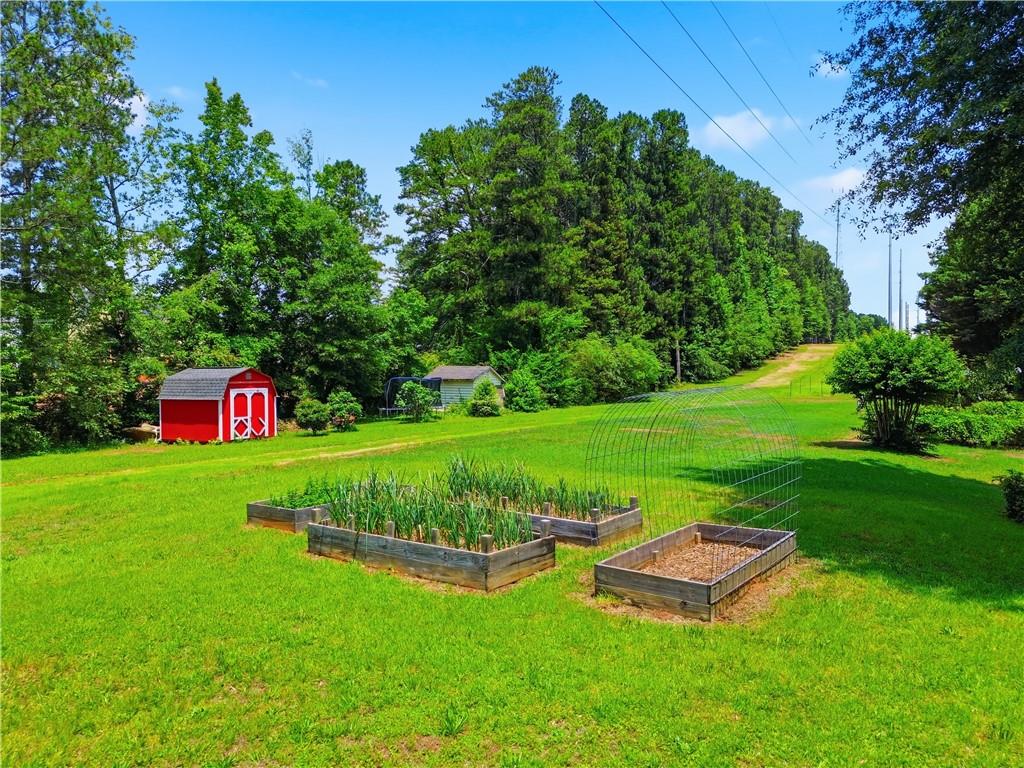 125 Childers Road Canton, GA 30115 - Photo 42 of 48 a view of a backyard with table and chairs plants and large trees