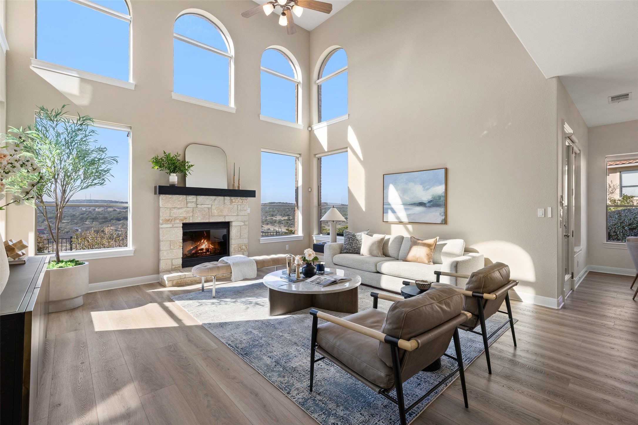 2702 Lakehurst Road Spicewood, TX 78669 - Photo 6 of 40 a living room with furniture a fireplace and a potted plant
