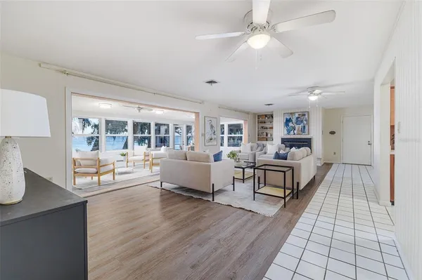 a living room with furniture and a table