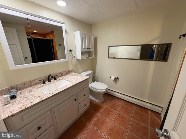a bathroom with a double vanity sink mirror and toilet