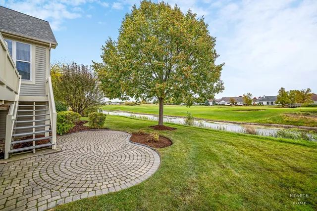 a view of a park with large trees