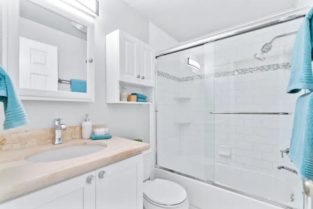 a bathroom with a sink a toilet and shower