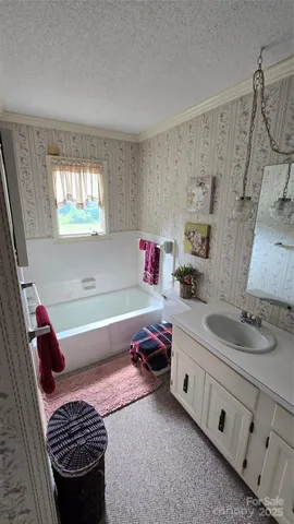 a bathroom with a tub a sink and a window