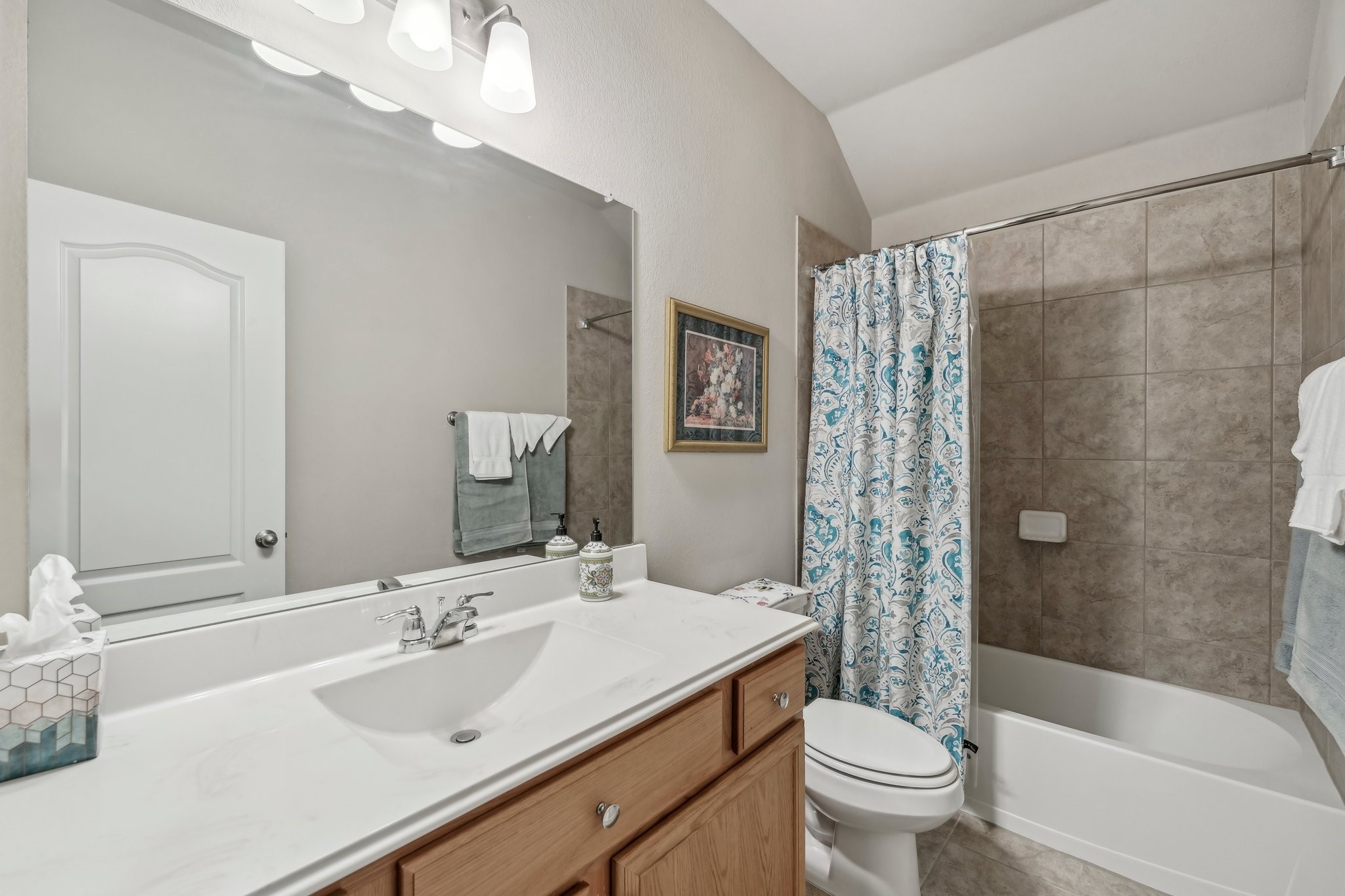 1373 Nevarez Kyle, TX 78640 - Photo 20 of 38 a bathroom with a sink a toilet a mirror a bathtub and shower