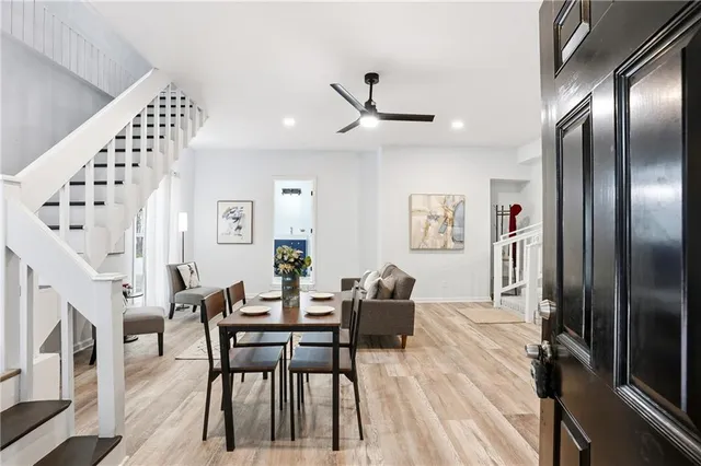 a view of a dining room with furniture