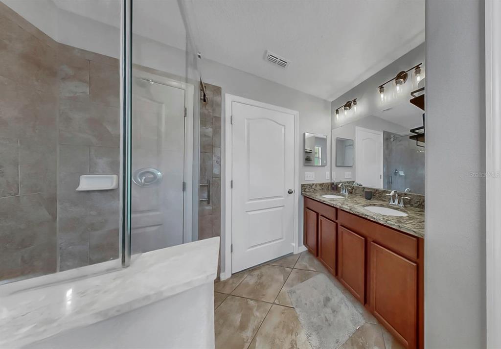 10136 Newminster Loop Ruskin, FL 33573 - Photo 30 of 64 a bathroom with a granite countertop sink mirror and shower