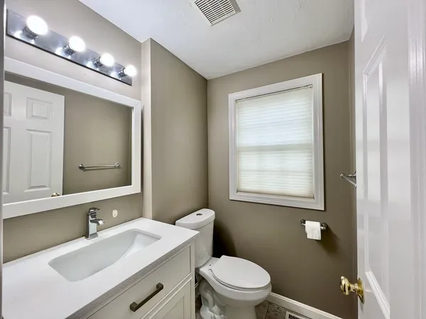 a bathroom with a sink a toilet a mirror and vanity