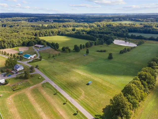 an aerial view of a houses with outdoor space and trees all around