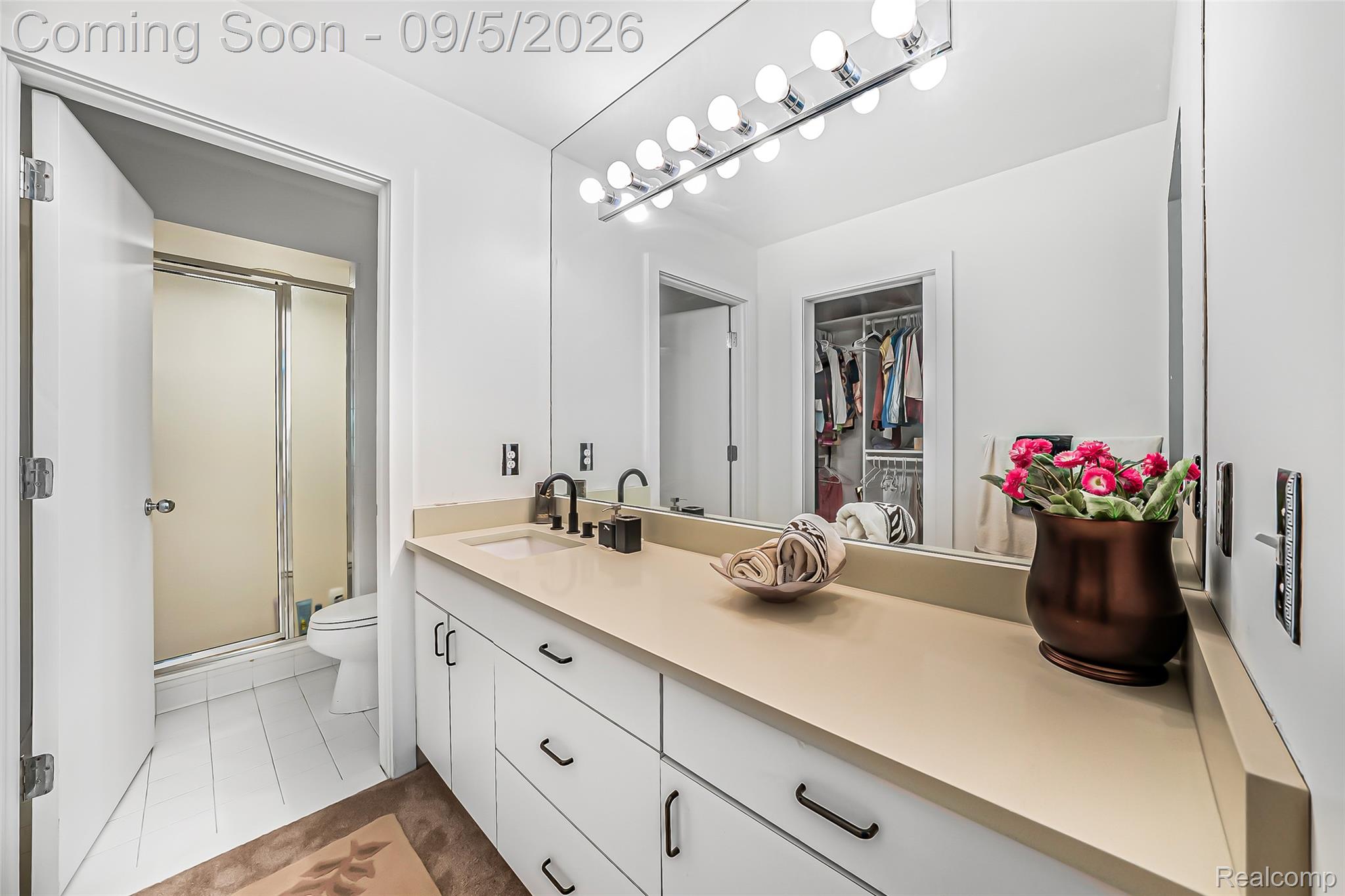 2785 Cranbrook Ridge Court Rochester, MI 48306 - Photo 62 of 97 Vanity with integrated sink, extensive countertop space, white cabinetry with dark hardware, large wall-mounted mirror, and vanity lighting