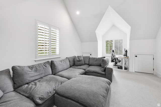 180 Farm Road Midway, UT 84049 - Photo 73 of 99 Vaulted ceiling, two windows with plantation shutters, recessed lighting, and light-toned carpeting