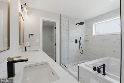 a bathroom with a tub a sink and a shower
