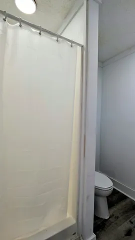 a bathroom with a toilet and a shower