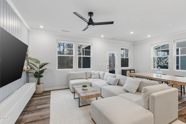 a living room with furniture ceiling fan and a rug