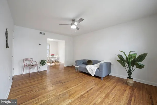 a living room with furniture and a potted plant