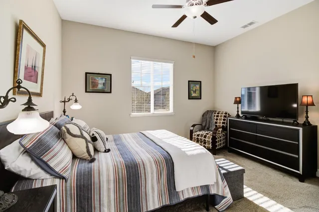 a living room with furniture and a potted plant