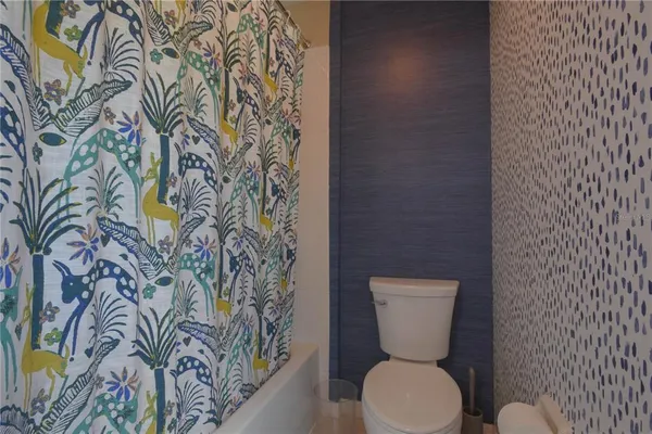 a bathroom with a toilet and a shower curtain
