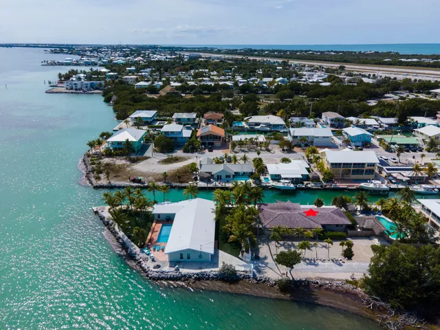 an aerial view of a house with a garden and lake view