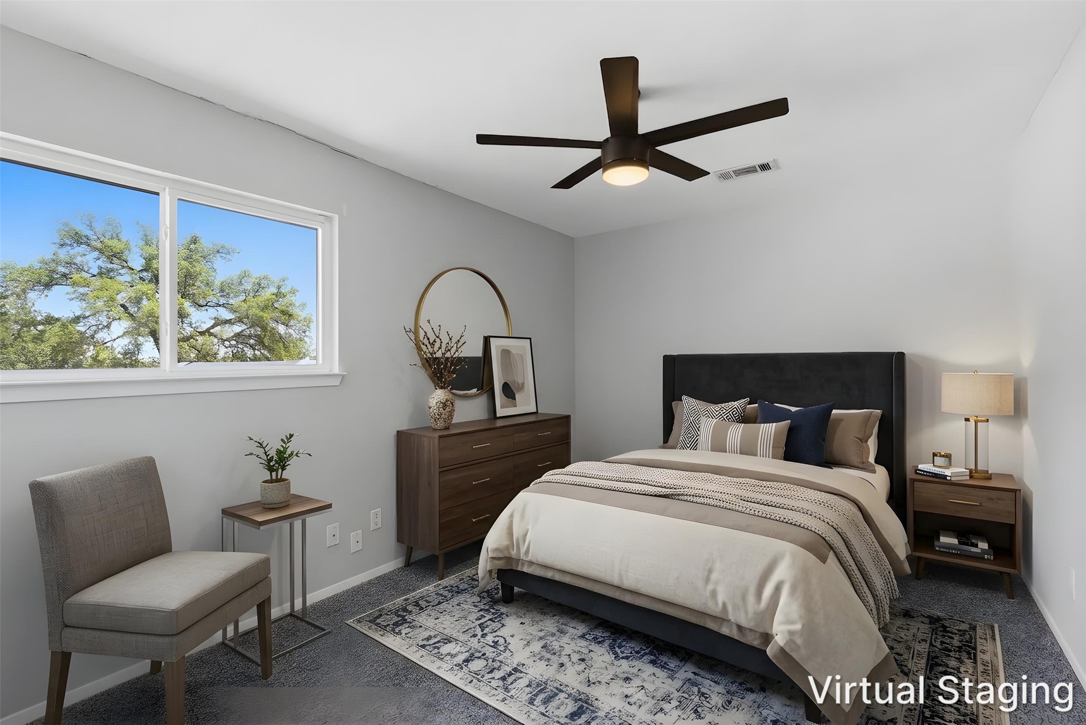 4204 Hudson Bend Road, Unit B Austin, TX 78734 - Photo 21 of 37 Bedroom featuring a contemporary ceiling fan with integrated lighting, a broad double window, light gray wall paint, and dark wood-finish bedroom furniture