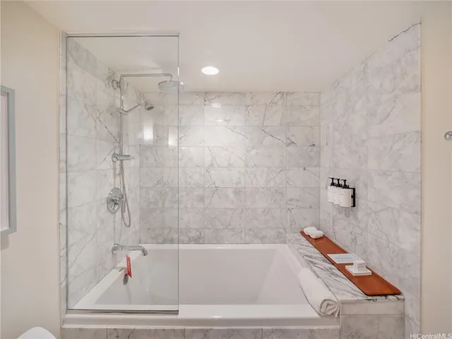 a bathroom with a bathtub and a shower