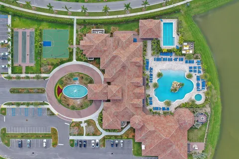 aerial view of a fireplace with a table and chairs