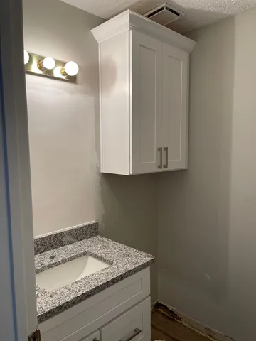 a bathroom with a granite countertop sink and cabinets