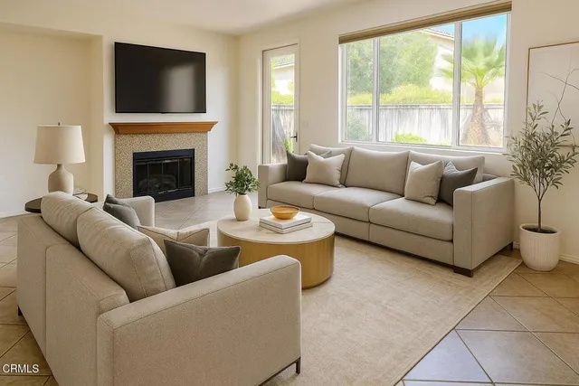 a living room with furniture a flat screen tv and a fireplace