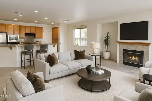 a living room with furniture a flat screen tv and a fireplace