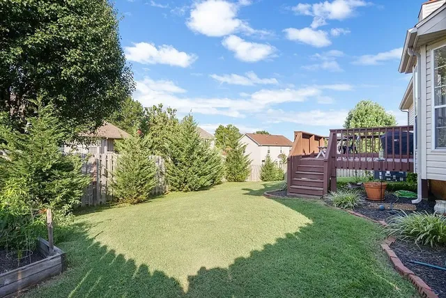 a view of a big yard with plants and a bench