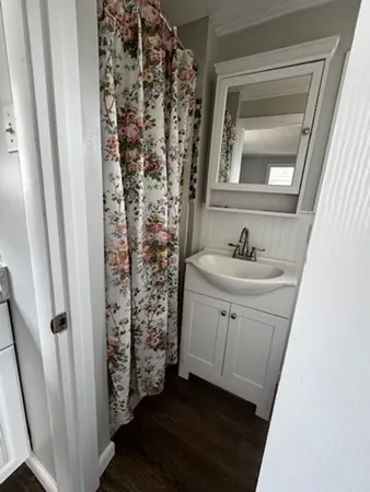 a bathroom with a sink a mirror a vanity and a shower