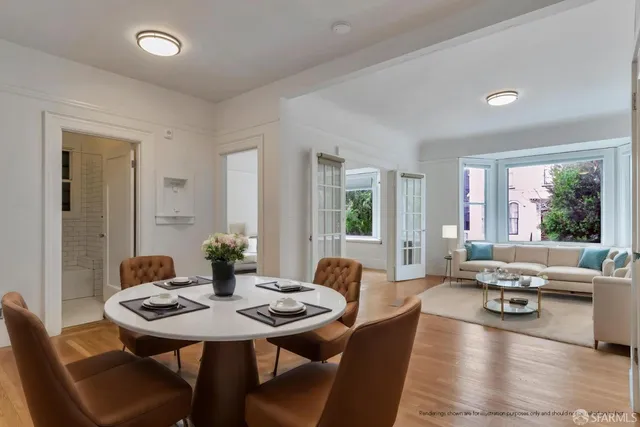 a view of a dining room with furniture and window