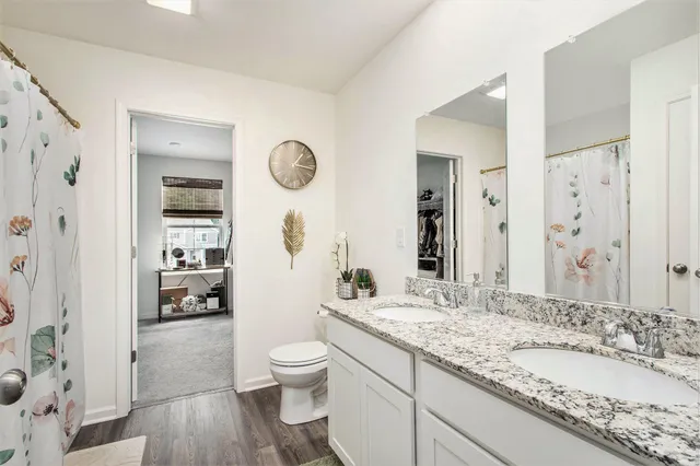 a bathroom with a granite countertop sink a toilet and a large mirror